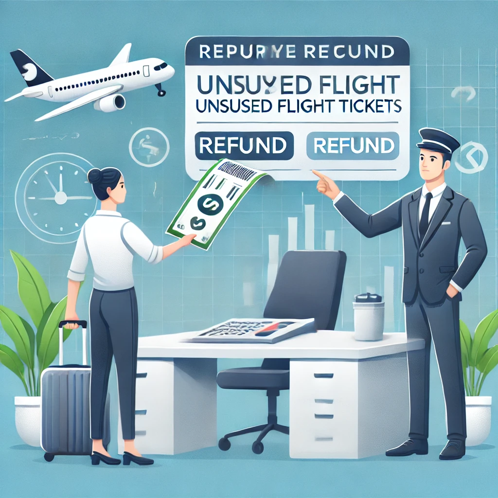 A professional business-style illustration showing an airline repurchasing unused flight tickets