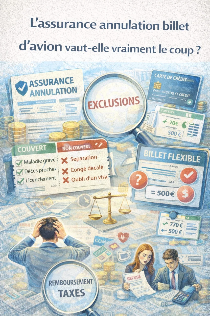 Illustration montrant la couverture et les exclusions de l'assurance annulation billet d'avion avec icône bouclier