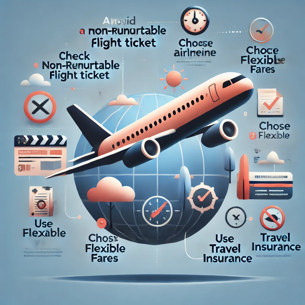 A modern infographic illustrating how to avoid purchasing a non-refundable flight ticket