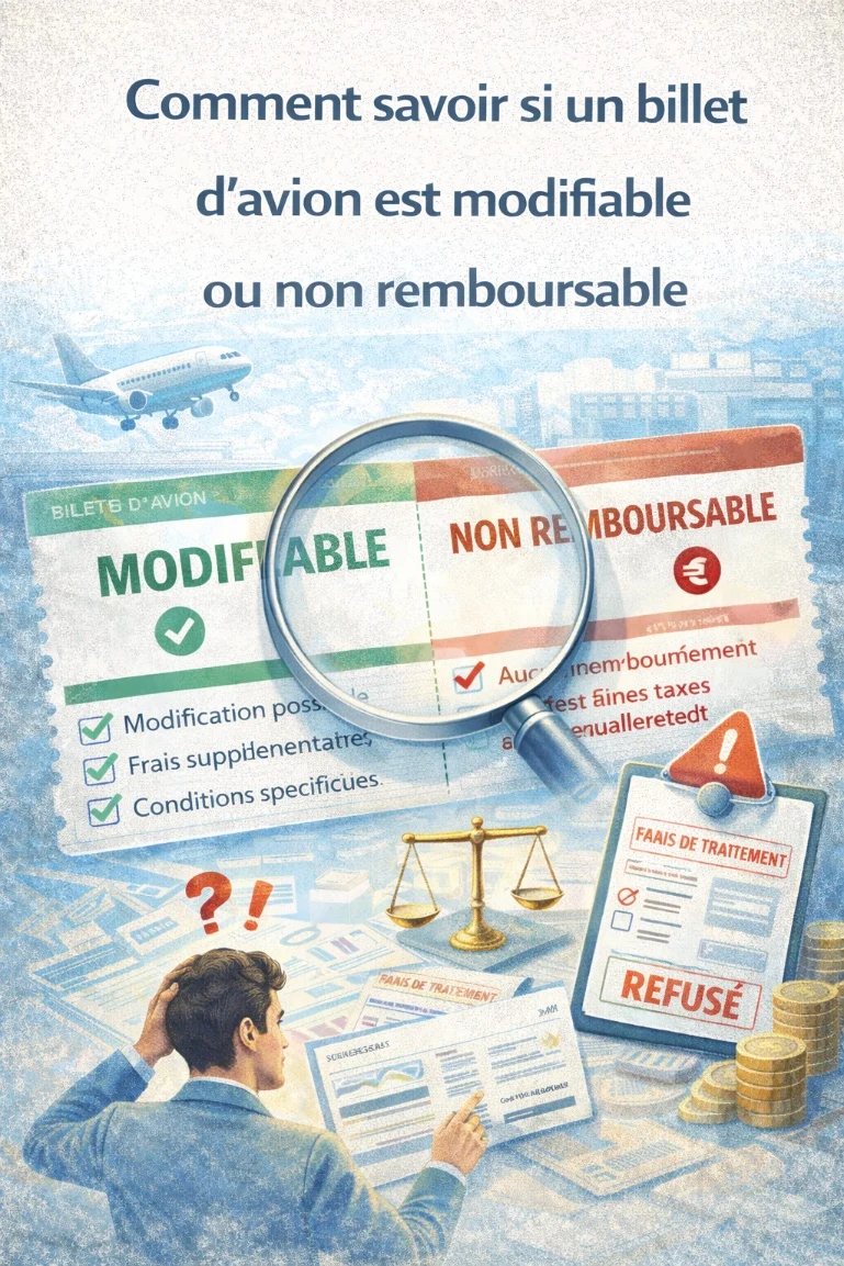 Illustration montrant différents types de billets d'avion : flexibles, modifiables et non remboursables