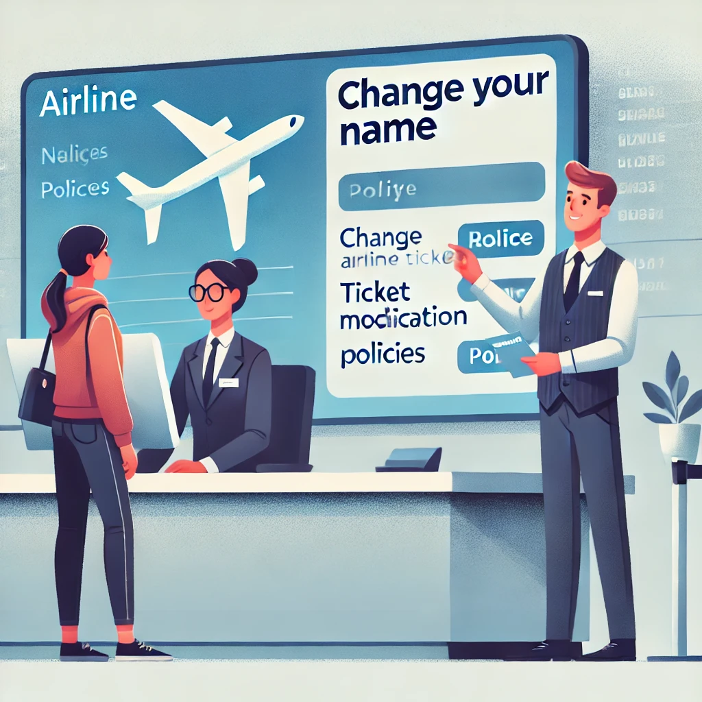 A modern illustration showing a traveler at an airline counter trying to change the name on their flight ticket