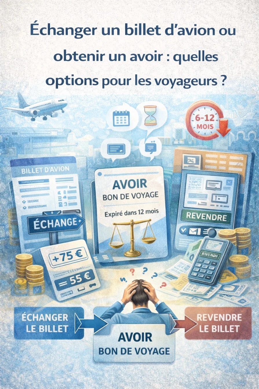 Illustration showing flight ticket exchange options with voucher and calendar icons