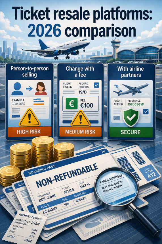 Illustration showing comparison of different flight ticket resale platforms with smartphone and laptop