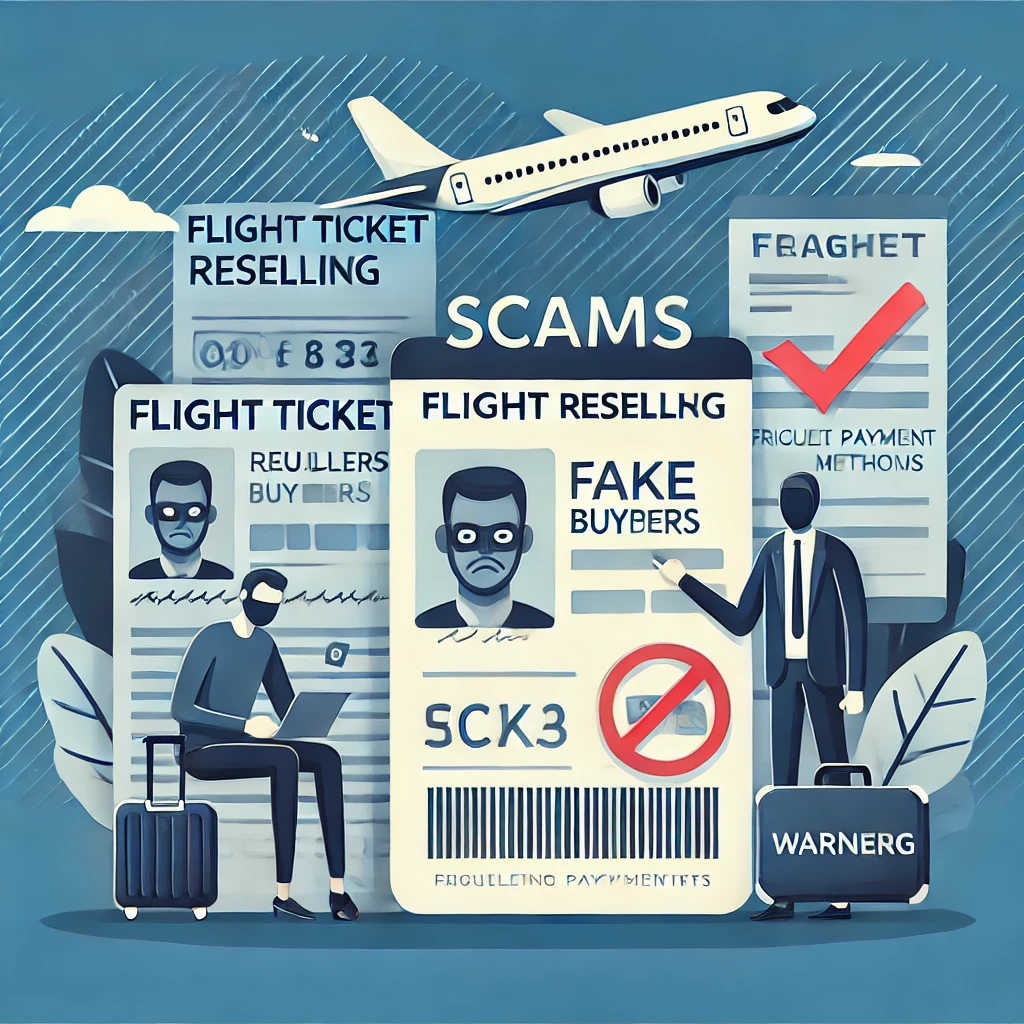 A professional illustration depicting common scams in flight ticket reselling