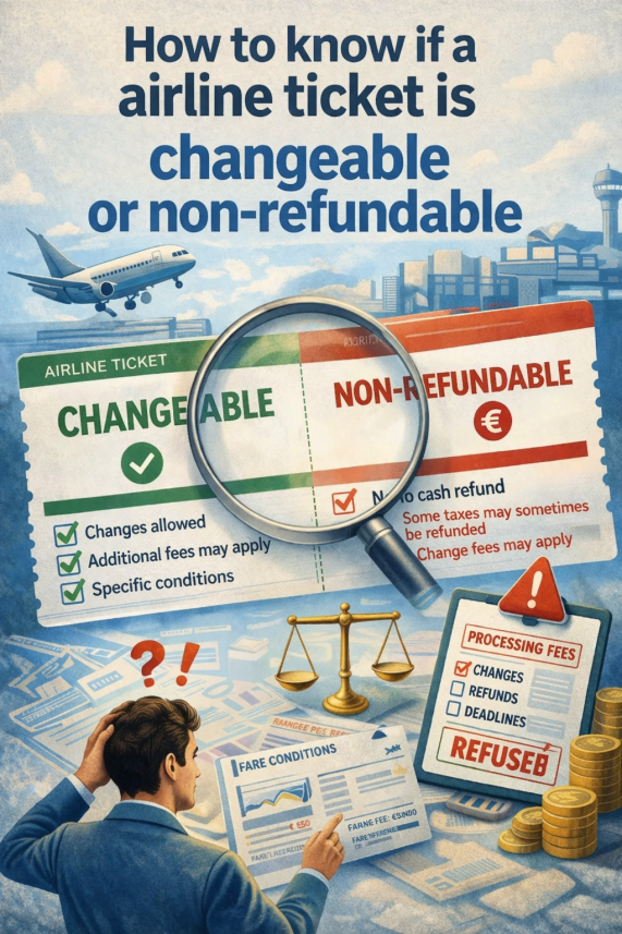 Illustration showing different types of flight tickets: flexible, changeable, and non-refundable