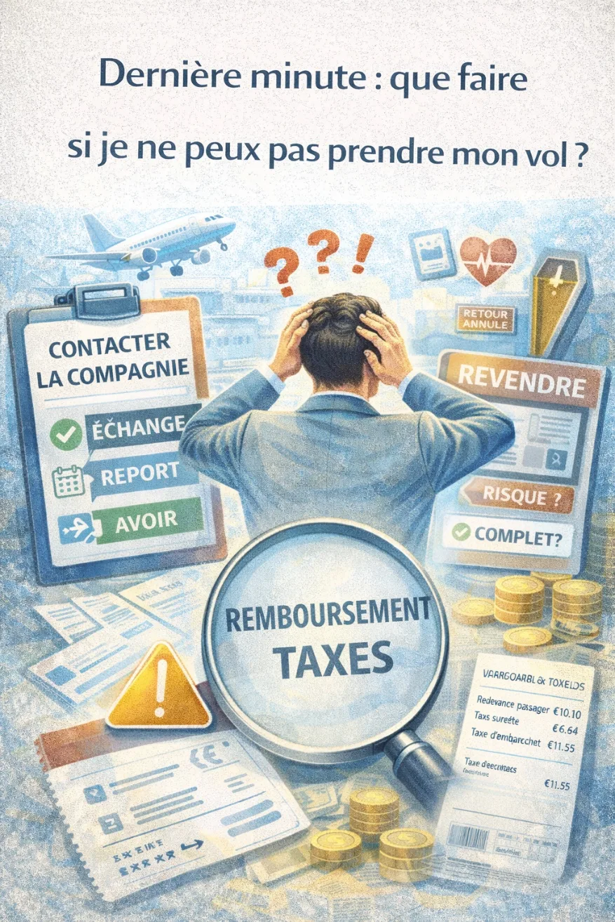 Illustration showing stressed traveler with clock and airplane icons representing last-minute flight issues