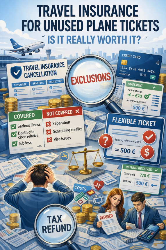 Illustration showing flight ticket cancellation insurance coverage and exclusions with shield icon