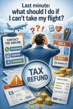 Illustration showing stressed traveler with clock and airplane icons representing last-minute flight issues