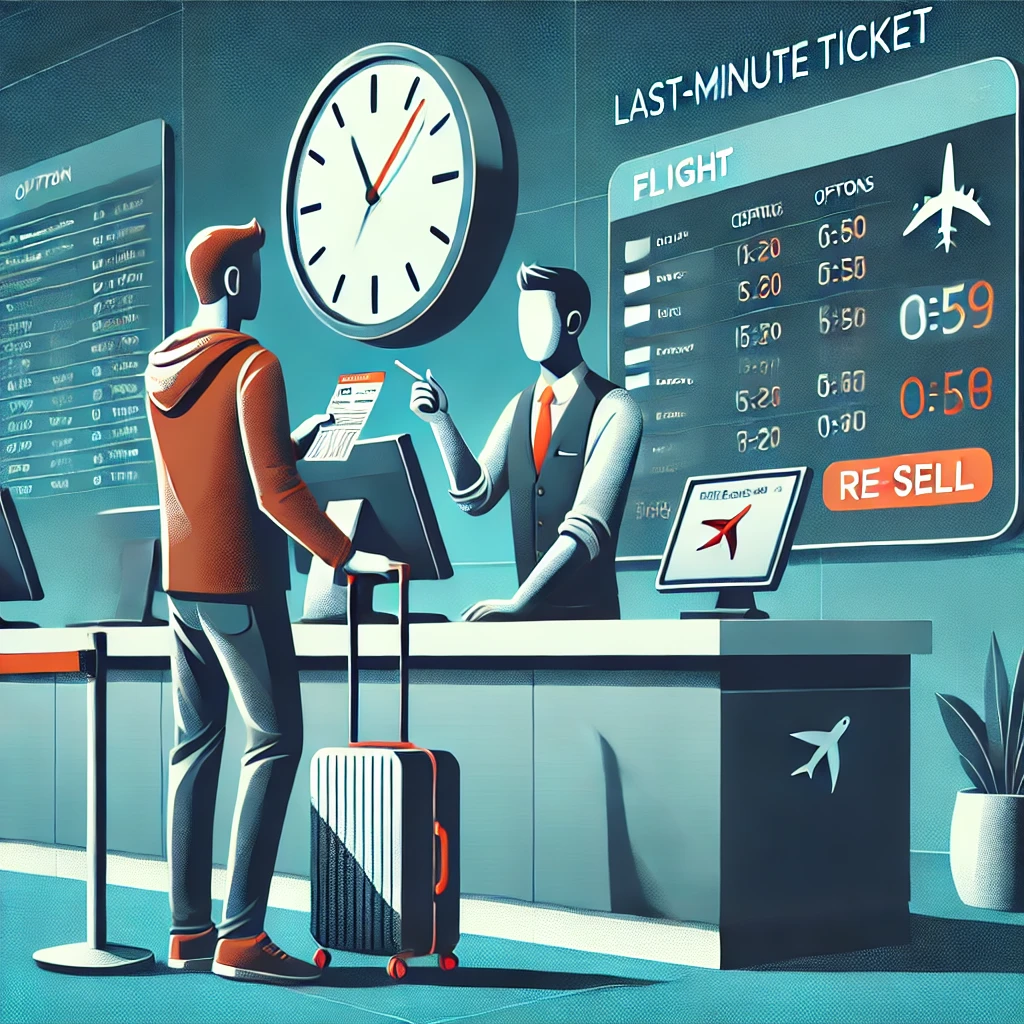 A modern illustration showing a traveler at an airline counter trying to resell a last-minute flight ticket