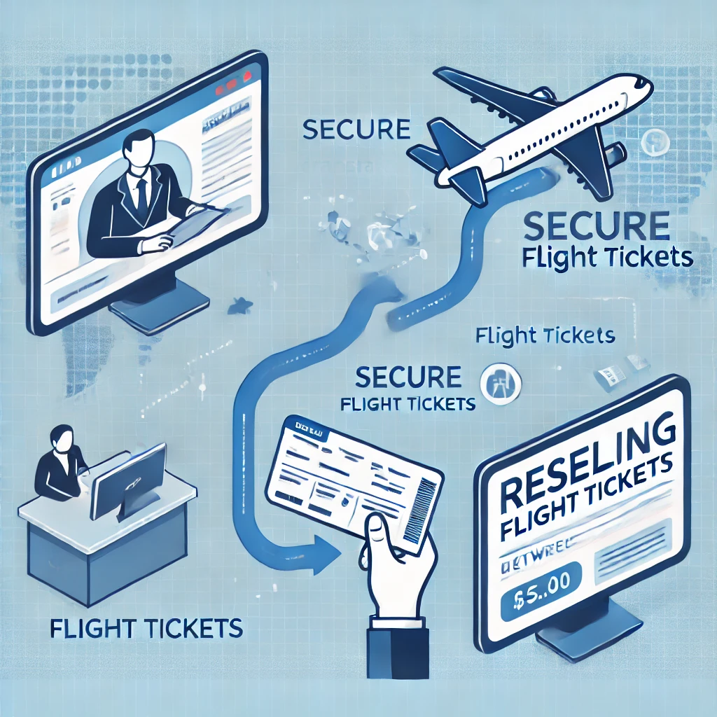 An infographic illustrating the process of reselling flight tickets between individuals