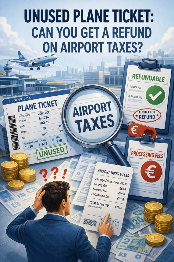 Illustration showing airport tax refund process with coins and airplane icons