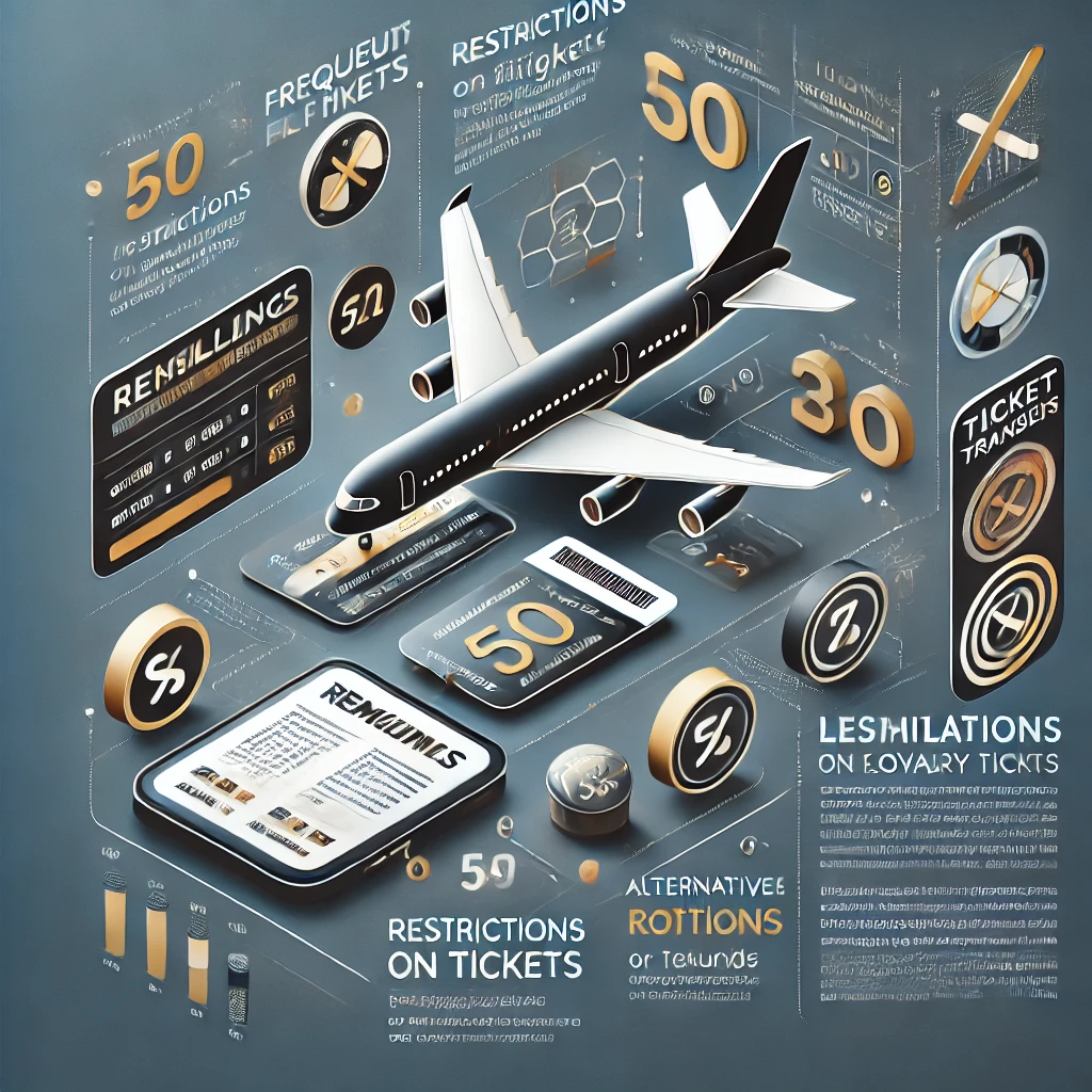 A sleek and modern infographic illustrating the limitations of reselling flight tickets purchased with loyalty point